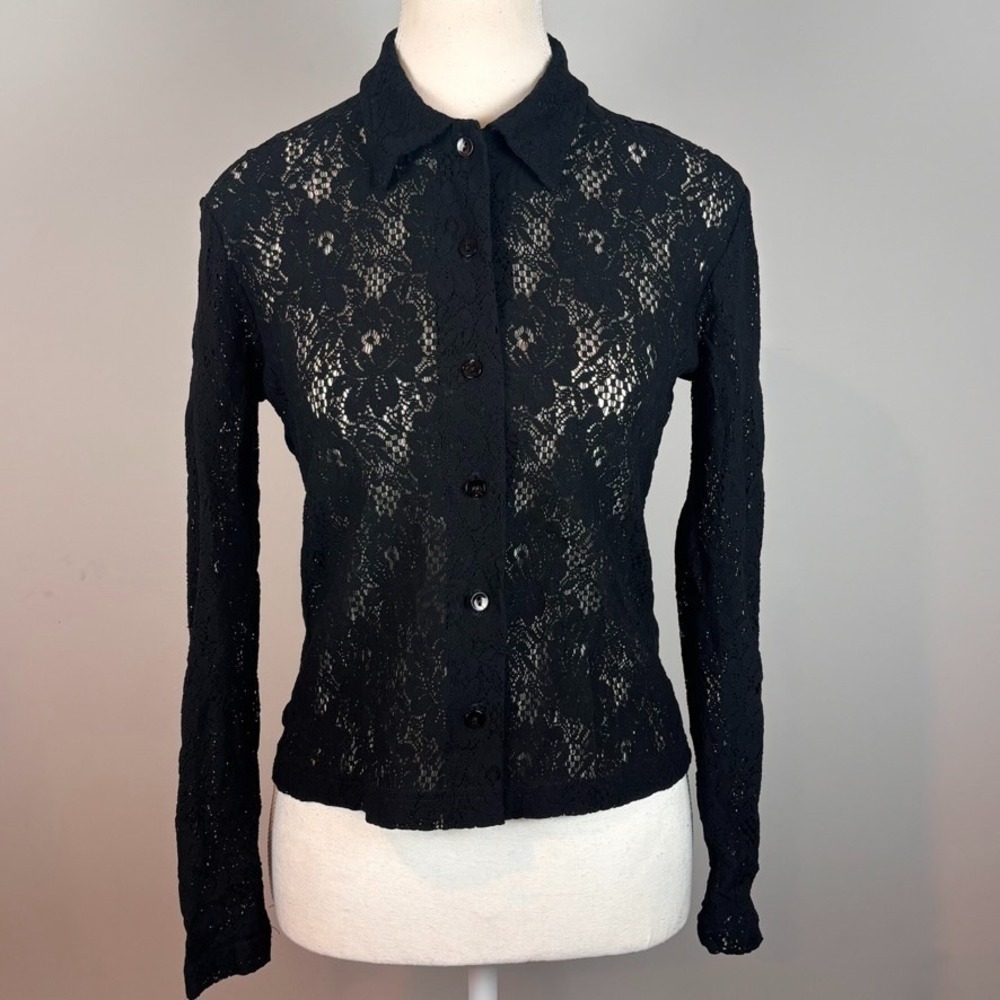 VTG Anxiety‎ Cafe Womens Y2K Black Lace Whimsigoth Fairy Button Top MED Goth